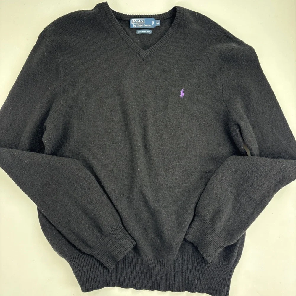 Polo by Ralph Lauren Black V-Neck Sweater with Purple Logo